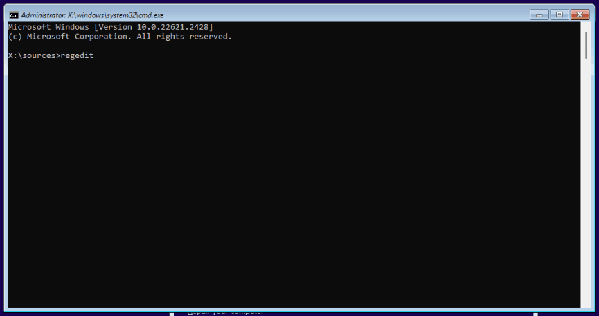 Command Prompt setelah menekan kombinasi tombol <b>Shift + F10</b> pada papan ketik