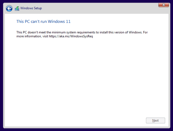 Description when device does not meet minimum Windows 11 installation requirements