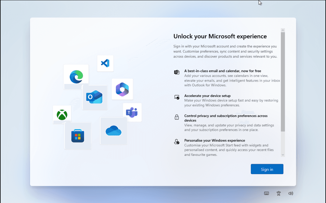 Microsoft 11 Start Configuration Page to Log In using Microsoft Accounts